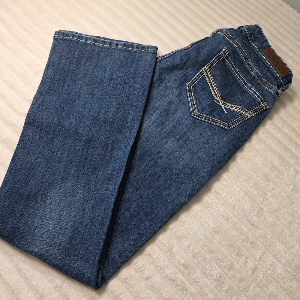 Rock & Roll Cowgirl Mid Rise  Boot Cut Jeans 28X34 Med Wash Denim Embroidered